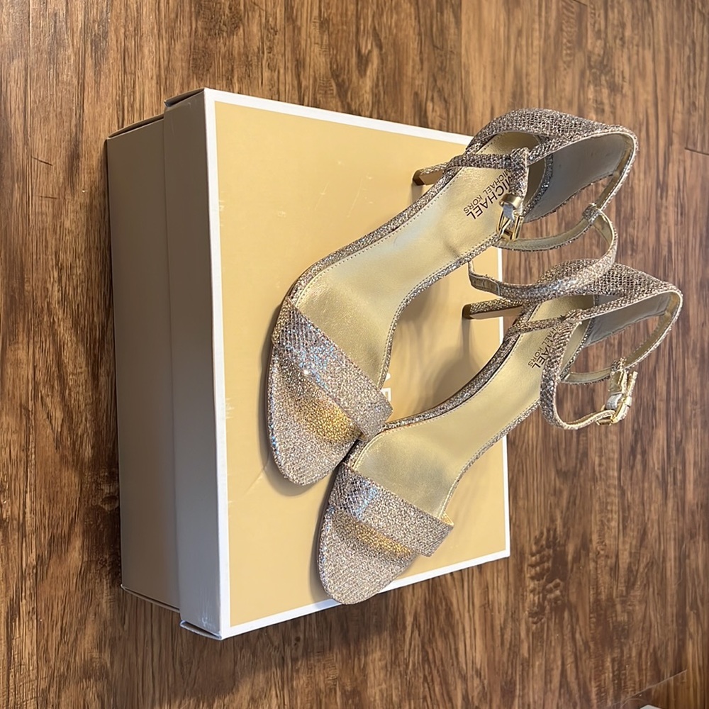 Michael Kors glitter silver/sand heels, size 7M